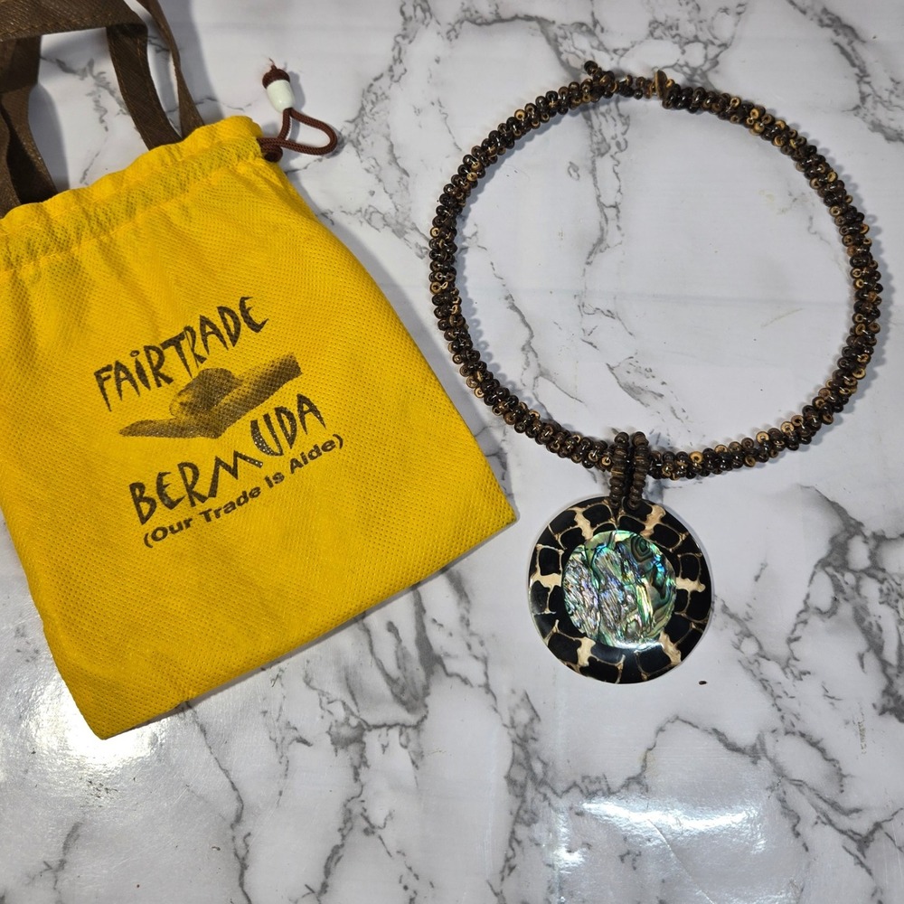 Fair Trade Bermuda Beaded Necklace Abalone Shell‎ Pendant - Boho Hippie Style
